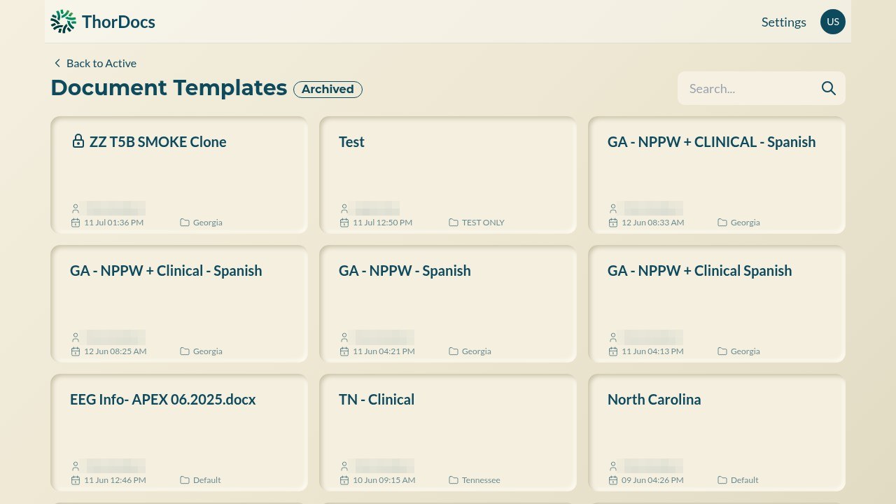 Archived templates list with restore controls
