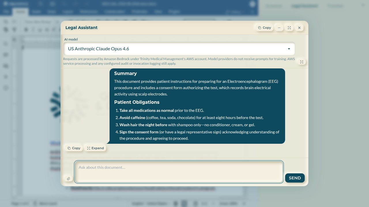 Legal assistant expanded into a modal over the editor