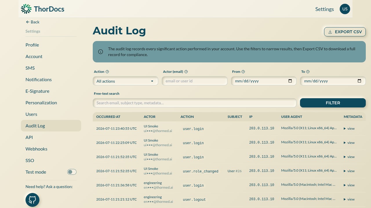 Audit log with filters and a table of events
