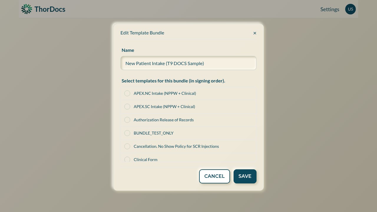 Edit template bundle dialog with ordered template selection