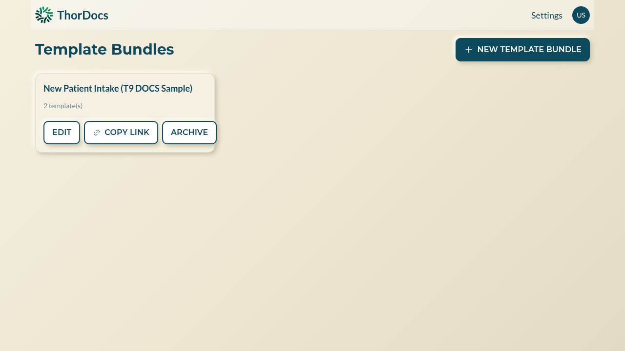 Template bundles page with a bundle card and new bundle button