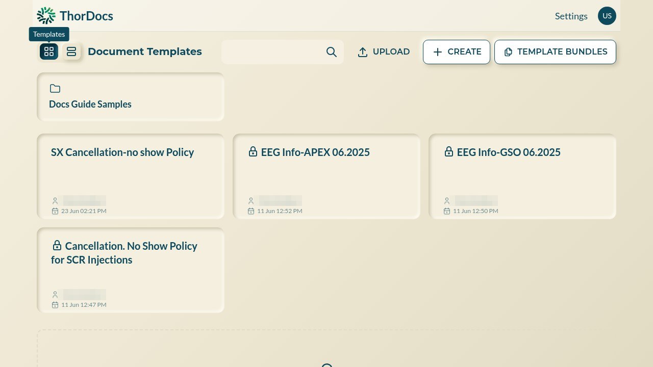 Templates view of the dashboard with folder and template cards