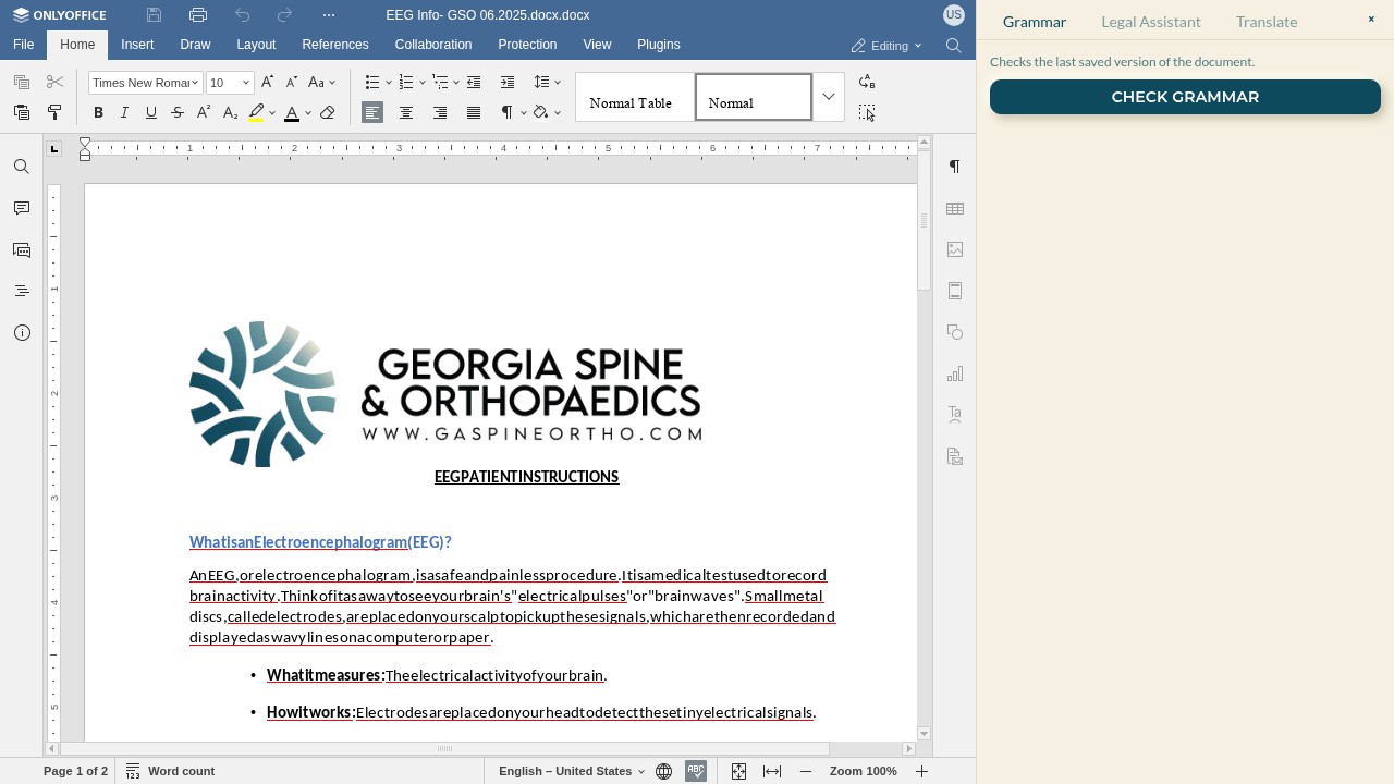 In-browser document editor with formatting ribbon and side panel tabs