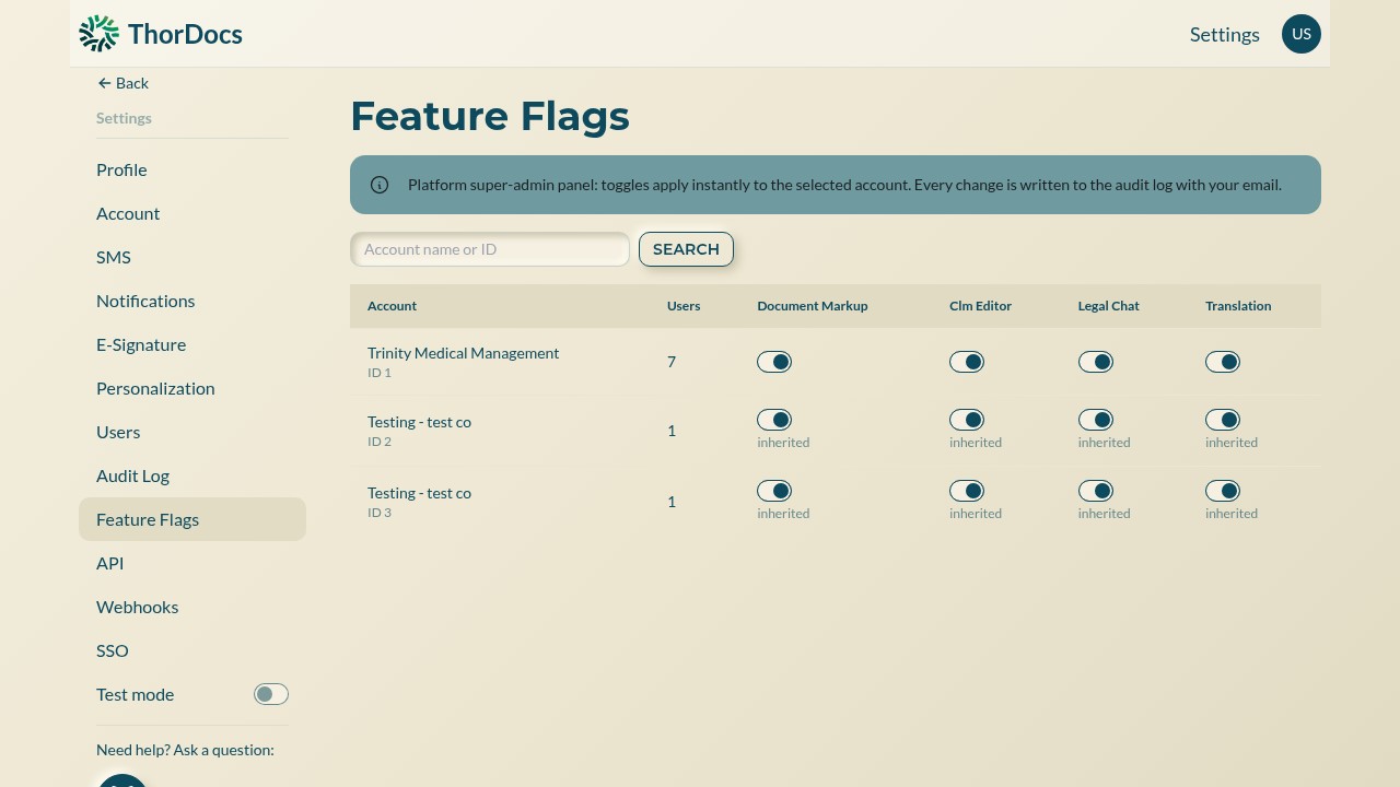 Feature flags panel with per-account capability toggles