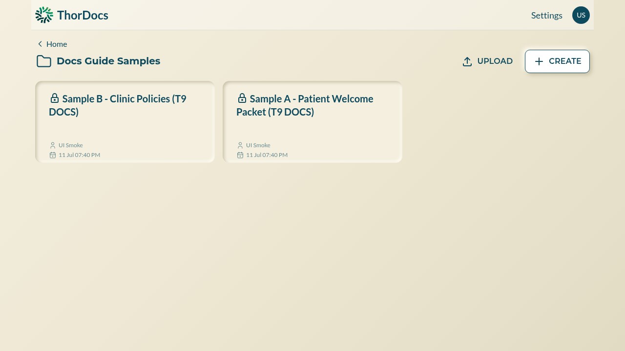 Inside a folder showing its templates and scoped create and upload buttons