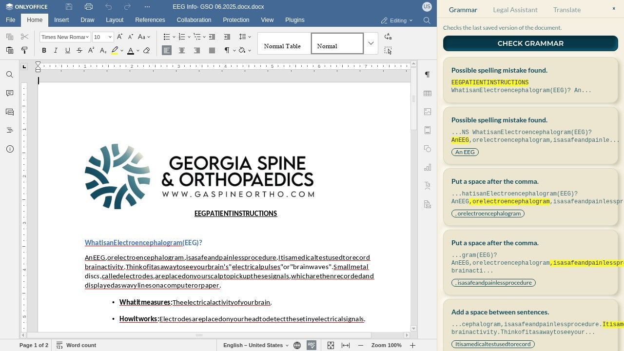 Grammar panel listing spelling and spacing findings with suggestions