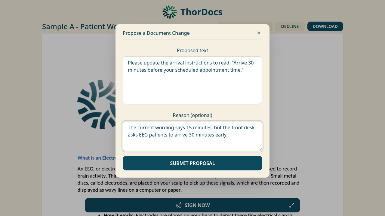 Propose a document change dialog with proposed text and reason fields