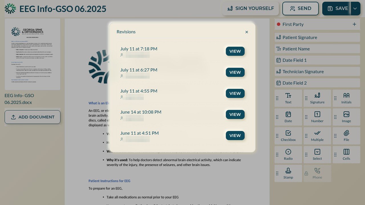 Revisions dialog listing document versions with view buttons