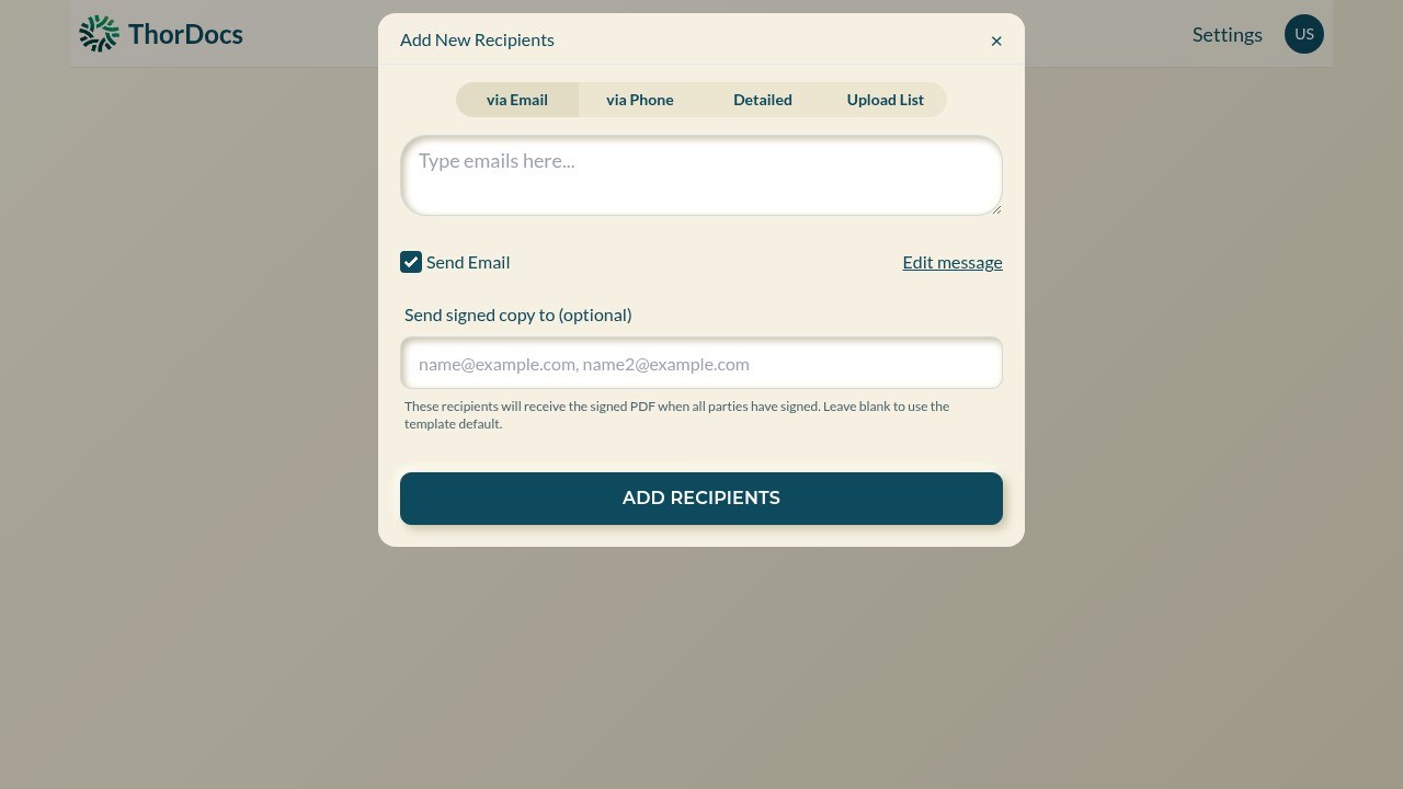 Add new recipients dialog with email entry and send options
