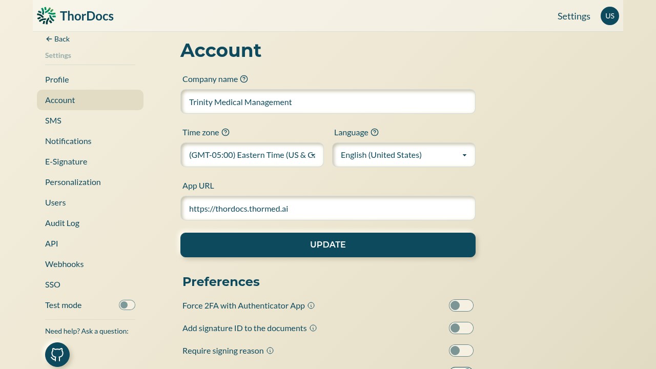 Account settings page with company, time zone, language and URL fields