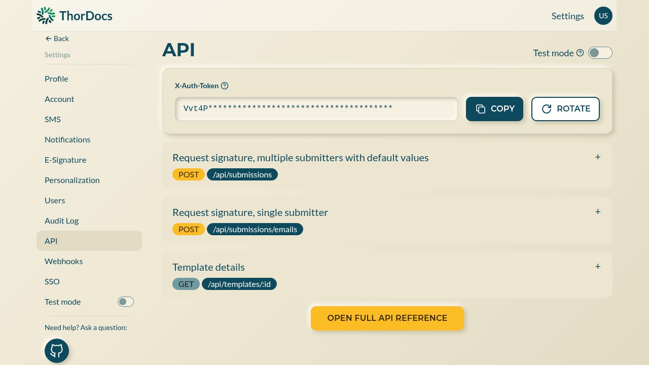 API settings with masked token and example endpoints