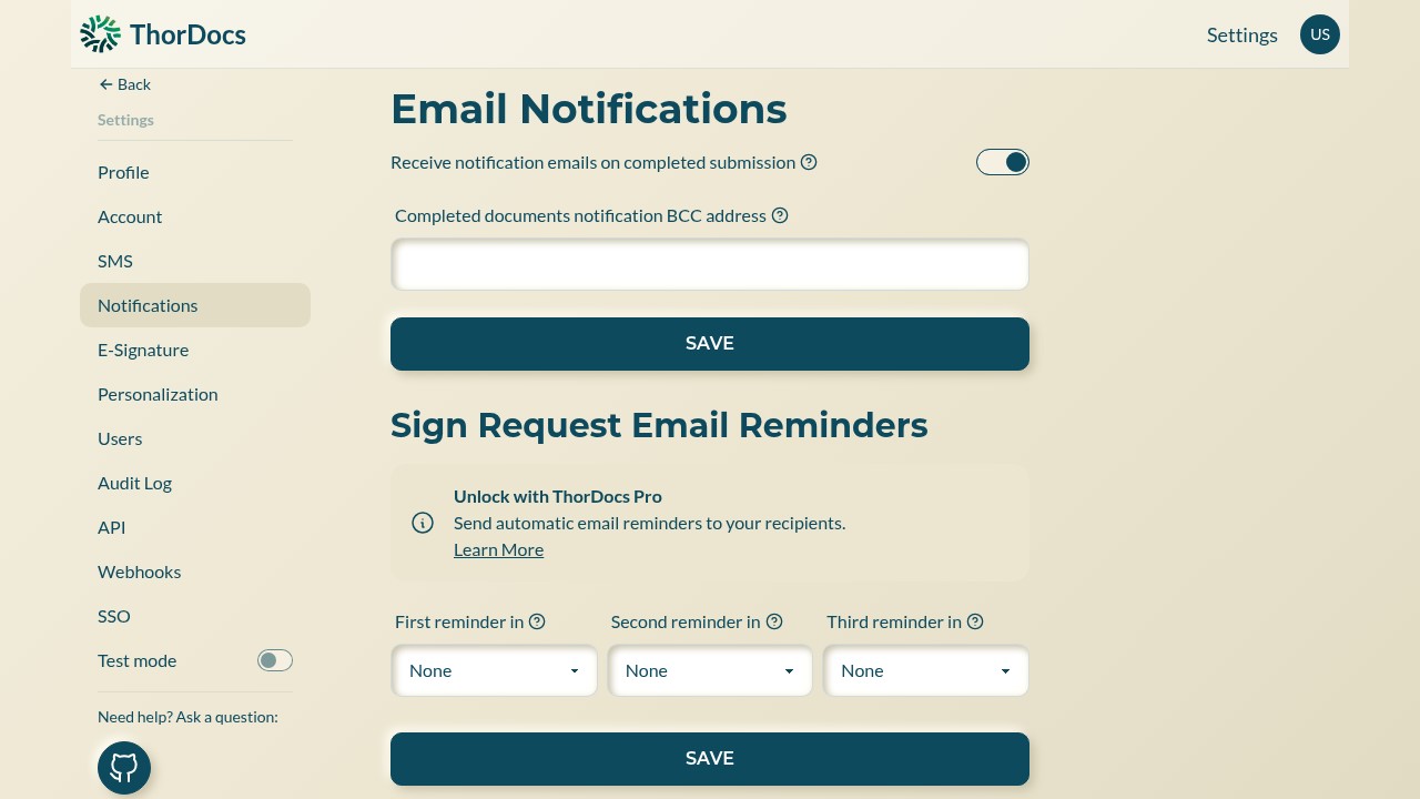 Email notification settings with BCC address and reminder dropdowns