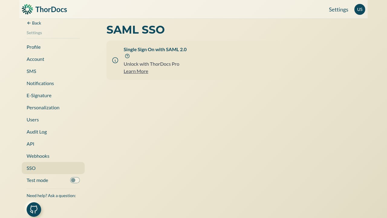 SSO settings page showing the SAML single sign-on panel