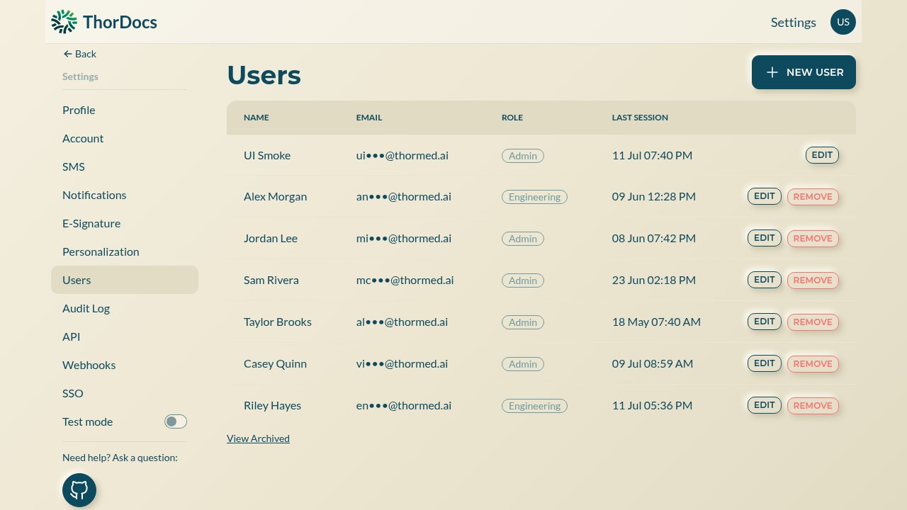 Users settings page listing users with roles and actions