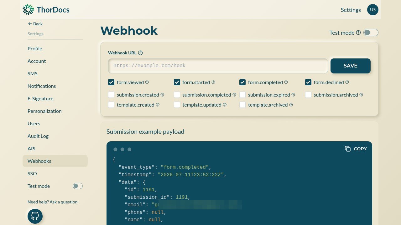 Webhook settings with event checkboxes and an example payload