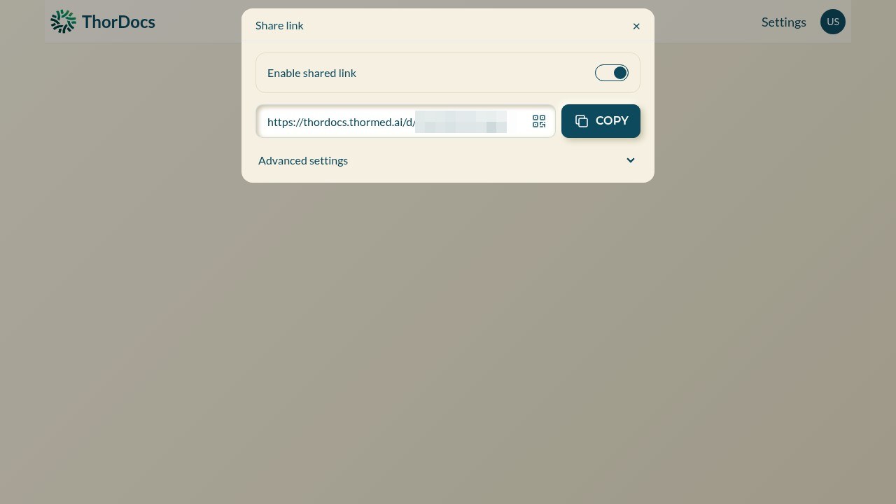 Share link dialog with enable toggle, URL and copy button