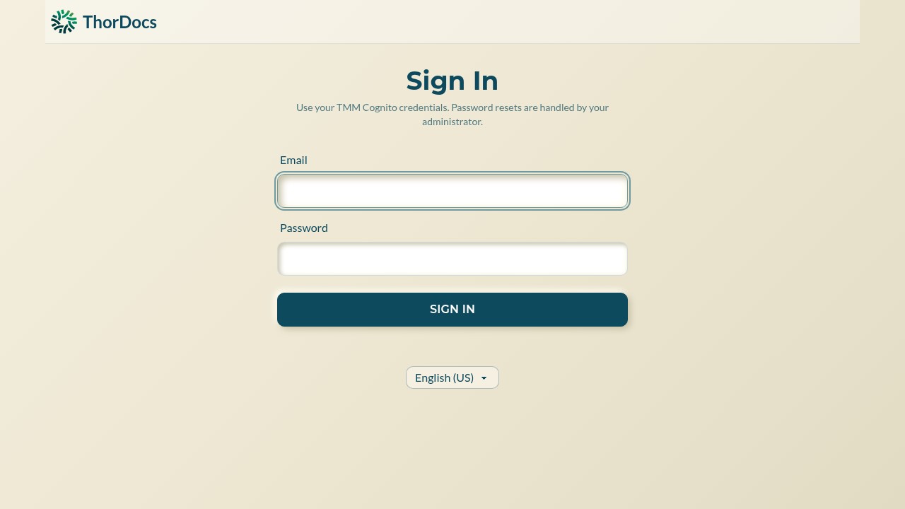 ThorDocs sign-in page with email and password fields