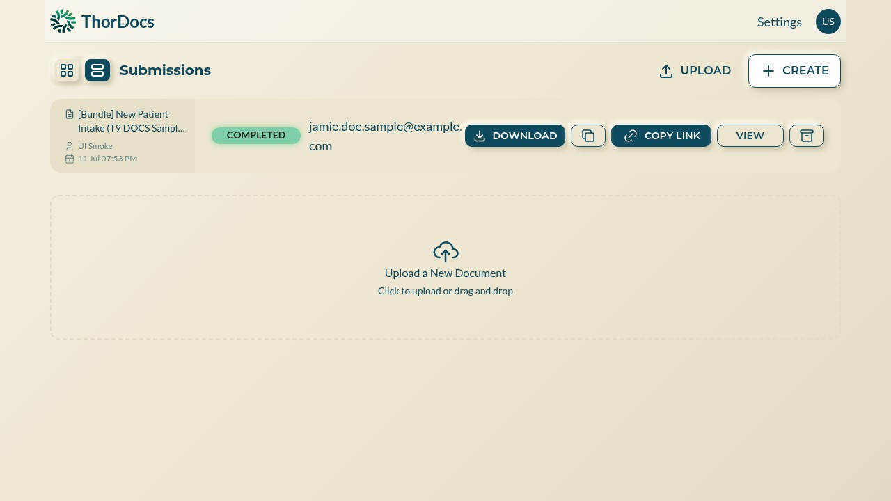 Submissions list with a completed submission and its quick actions