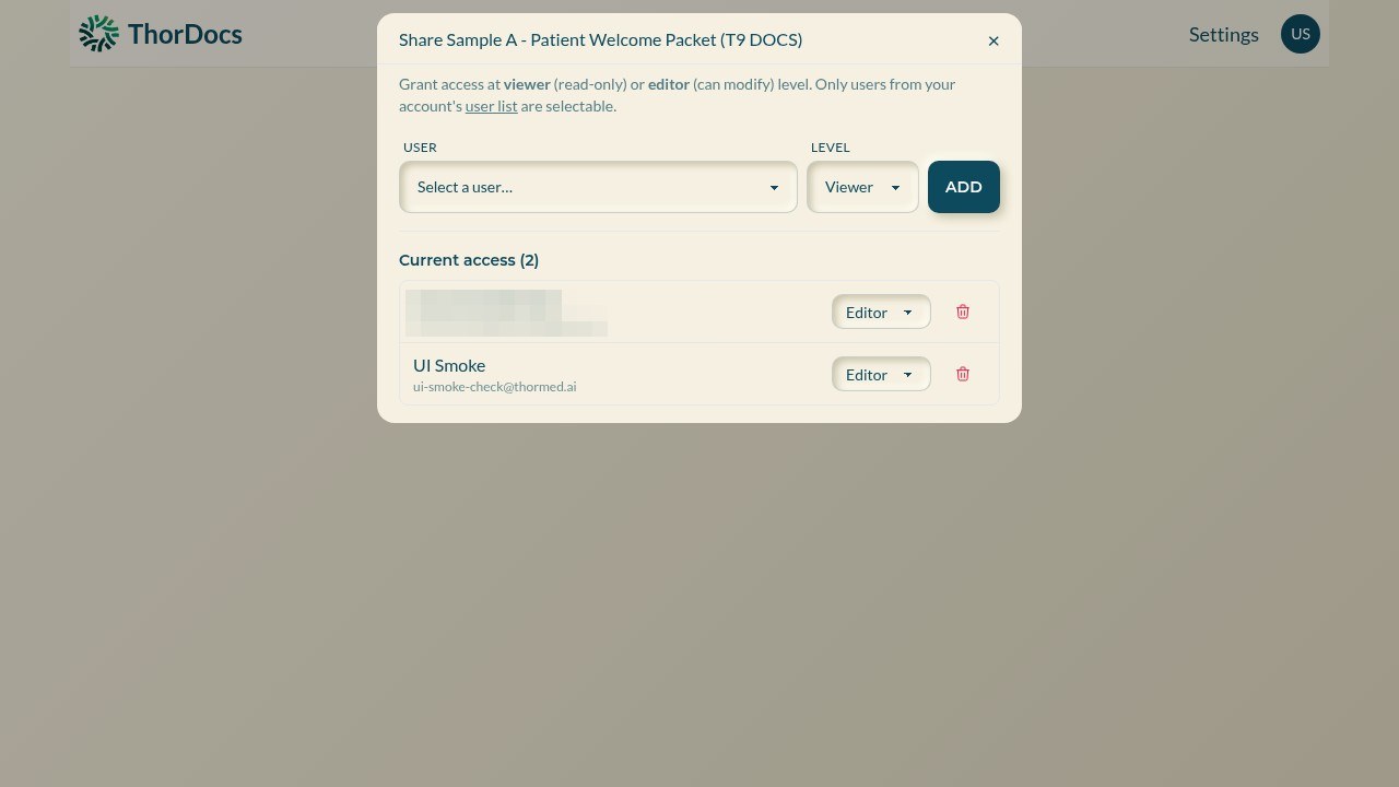 Template access dialog granting viewer or editor access to users