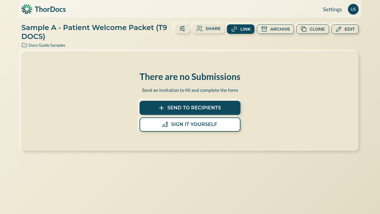 Template page with send, sign it yourself, share and clone actions