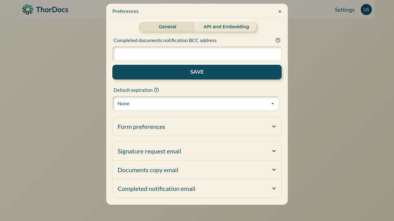 Template preferences dialog with notification BCC and email sections